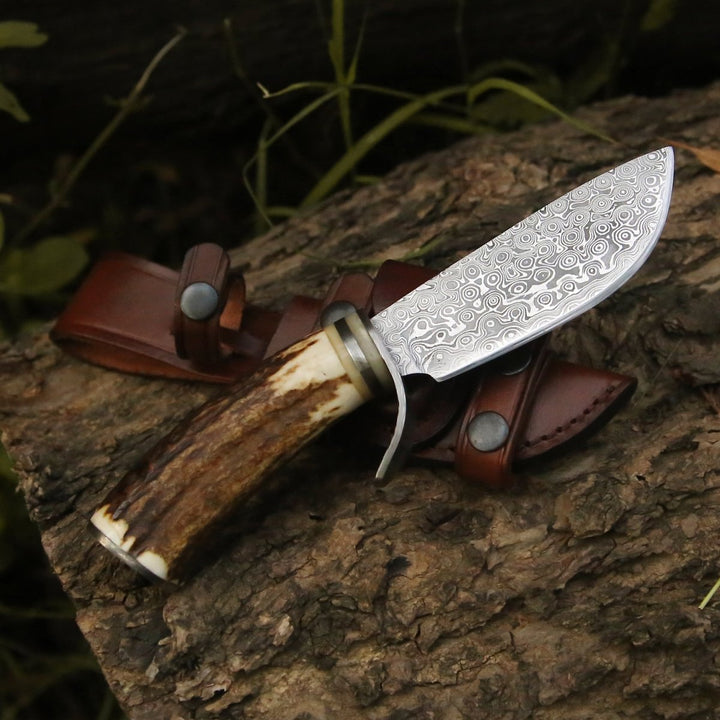 Serpent Damascus Handle - Serpent Damascus Hunting Knife with Antler Handle - Shokunin USA