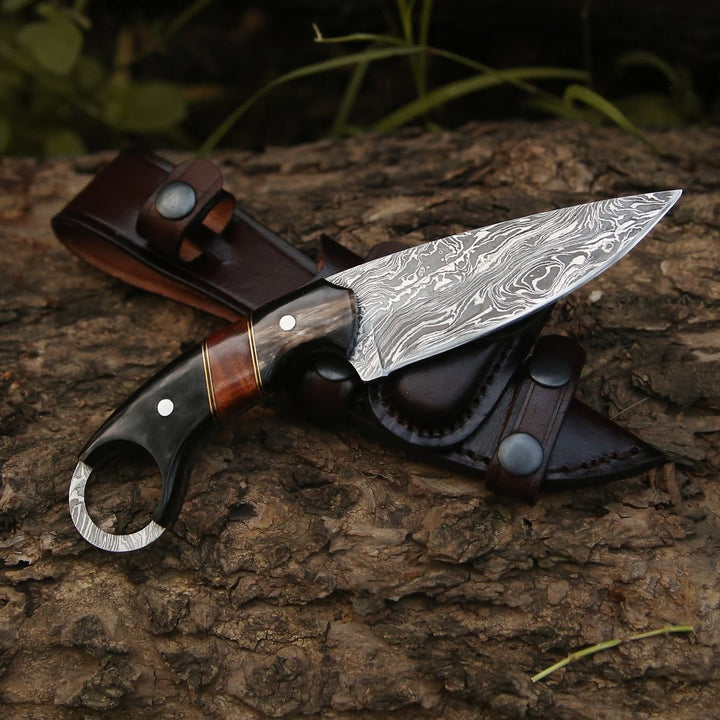 Shadow Horn Handle - Shadow Damascus Knife with Horn &amp; Exotic Rose Wood Handle - Shokunin USA