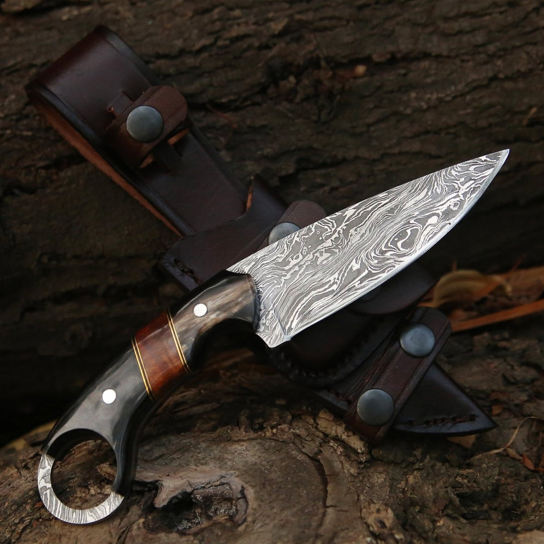 Shadow Knife Handle - Shadow Damascus Knife with Horn &amp; Exotic Rose Wood Handle - Shokunin USA