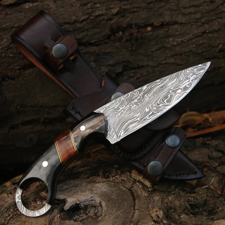 Shadow Knife Handle - Shadow Damascus Knife with Horn &amp; Exotic Rose Wood Handle - Shokunin USA