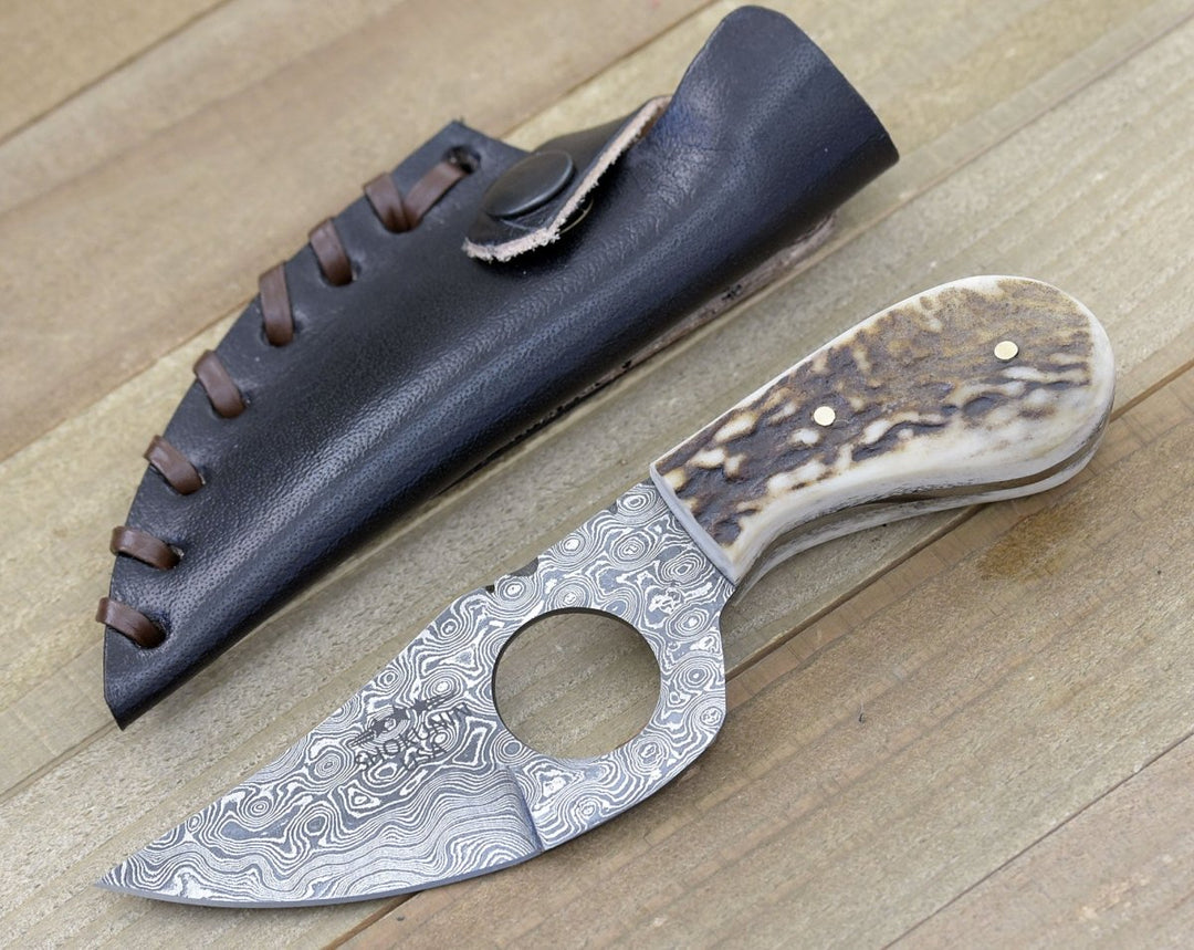 Shadowstalker Skinning Knives – Shadowstalker Damascus Skinning Knife, Damascus Knife Stagorn Handle with Leather Sheath – shokuninusa
