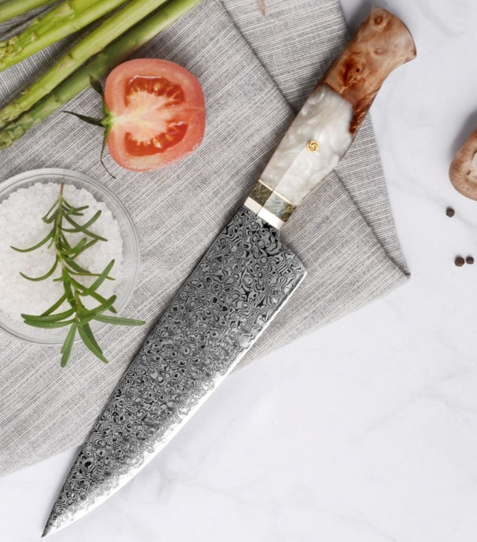 Shinobi VG10 Chef Knife with Exotic Olive Wood &amp; Mother of Pearl Handle