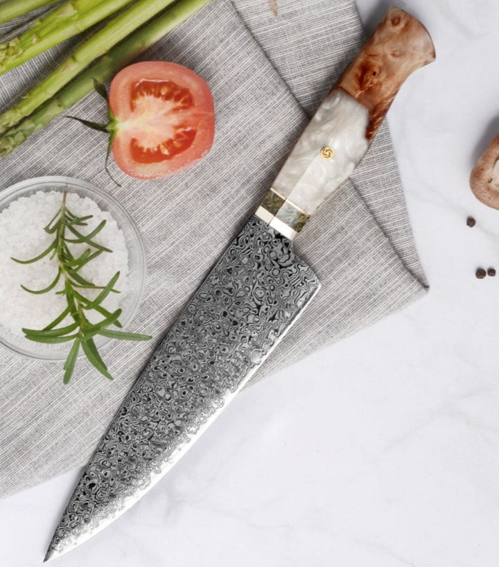Shinobi VG10 Chef Knife with Exotic Olive Wood &amp; Mother of Pearl Handle