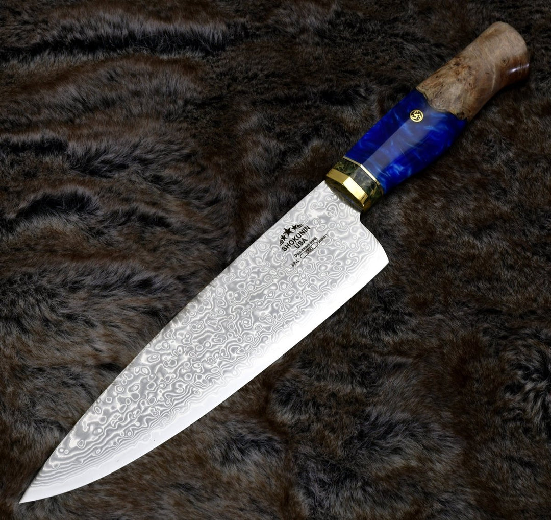 Shinobi Damascus knives - Shinobi VG10 Damascus Chef Knife 8" with Exotic Olive Wood Handle - Shokunin USA