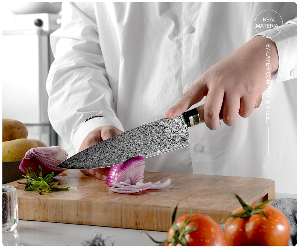 Shinobi Knife knives - Shinobi VG10 Damascus Chef Knife 8" with Exotic Olive Wood Handle - Shokunin USA