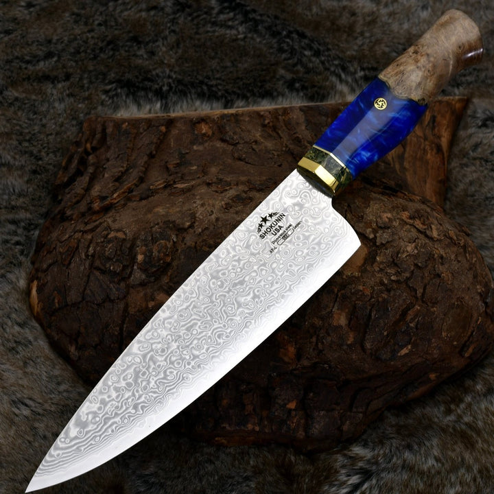 Shinobi Damascus Handle - Shinobi VG10 Damascus Chef Knife 8" with Exotic Olive Wood Handle - Shokunin USA