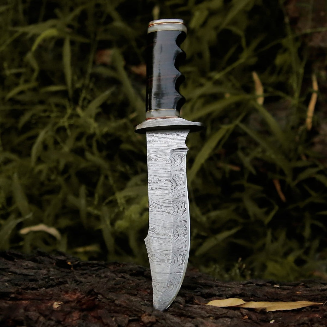 Soul Sniper Damascus - Soul Sniper Bowie Knife with Mother of Pearl &amp; Stacked Leather Handle - Shokunin USA