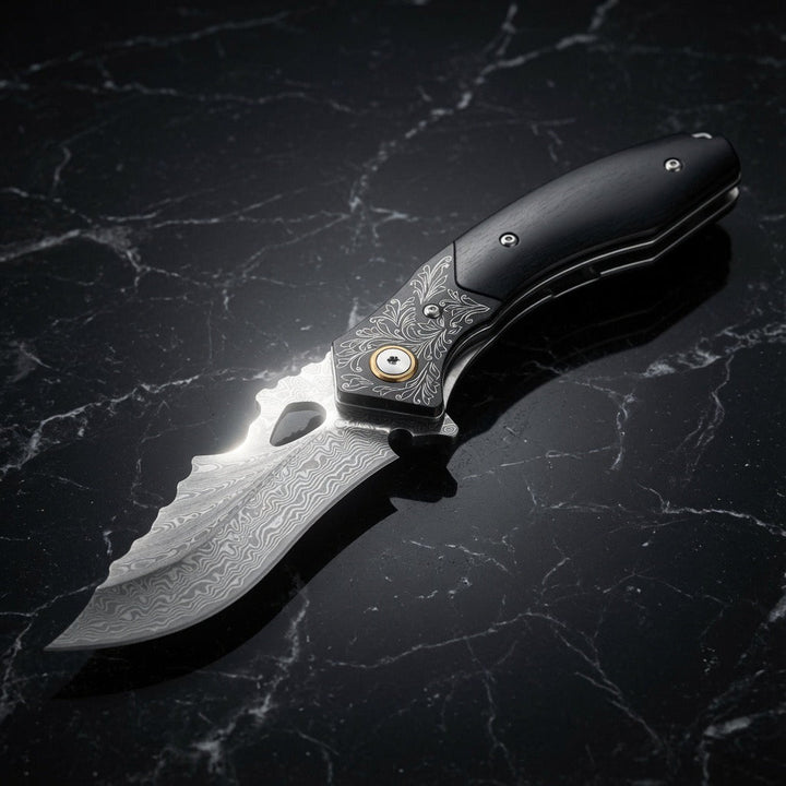 Specter Japanese Damascus - Specter Handmade Japanese VG10 Damascus Pocket Knife with Sheath &amp; Ebony Wood Handle - Shokunin USA
