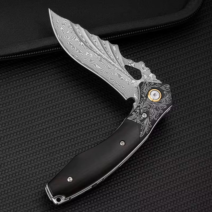 Specter Japanese Handle - Specter Handmade Japanese VG10 Damascus Pocket Knife with Sheath &amp; Ebony Wood Handle - Shokunin USA