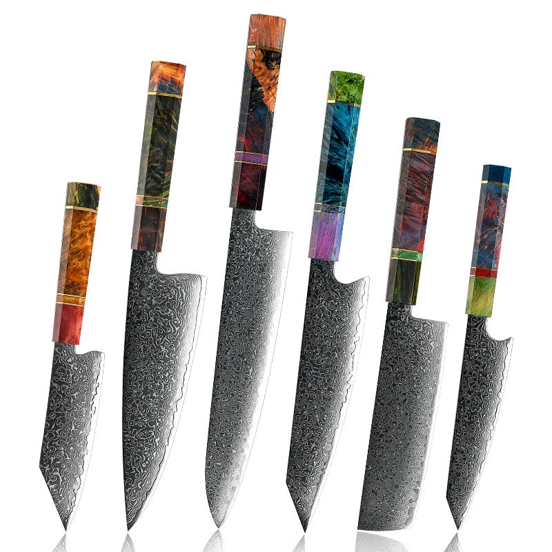 Spectrum Knife Set – Spectrum Knife Set 6 Piece VG10 Damascus Steel with Exotic tie-dye-Stained Olive Burl Wood Handle – shokuninusa