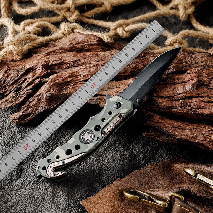 Star Pocket Handle - Star Pocket Knife with Serrated Blade &amp; Camouflage Handle - Shokunin USA