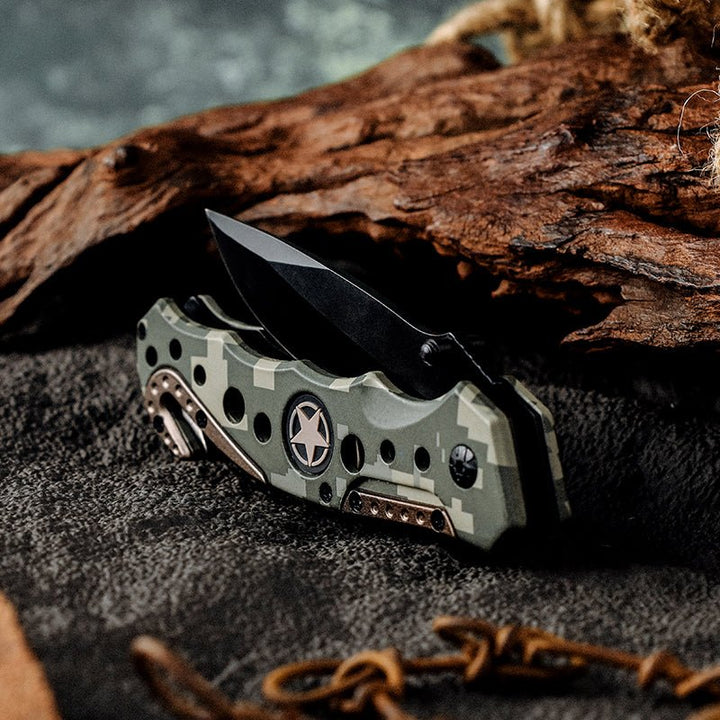 Star Knife Handle - Star Pocket Knife with Serrated Blade &amp; Camouflage Handle - Shokunin USA