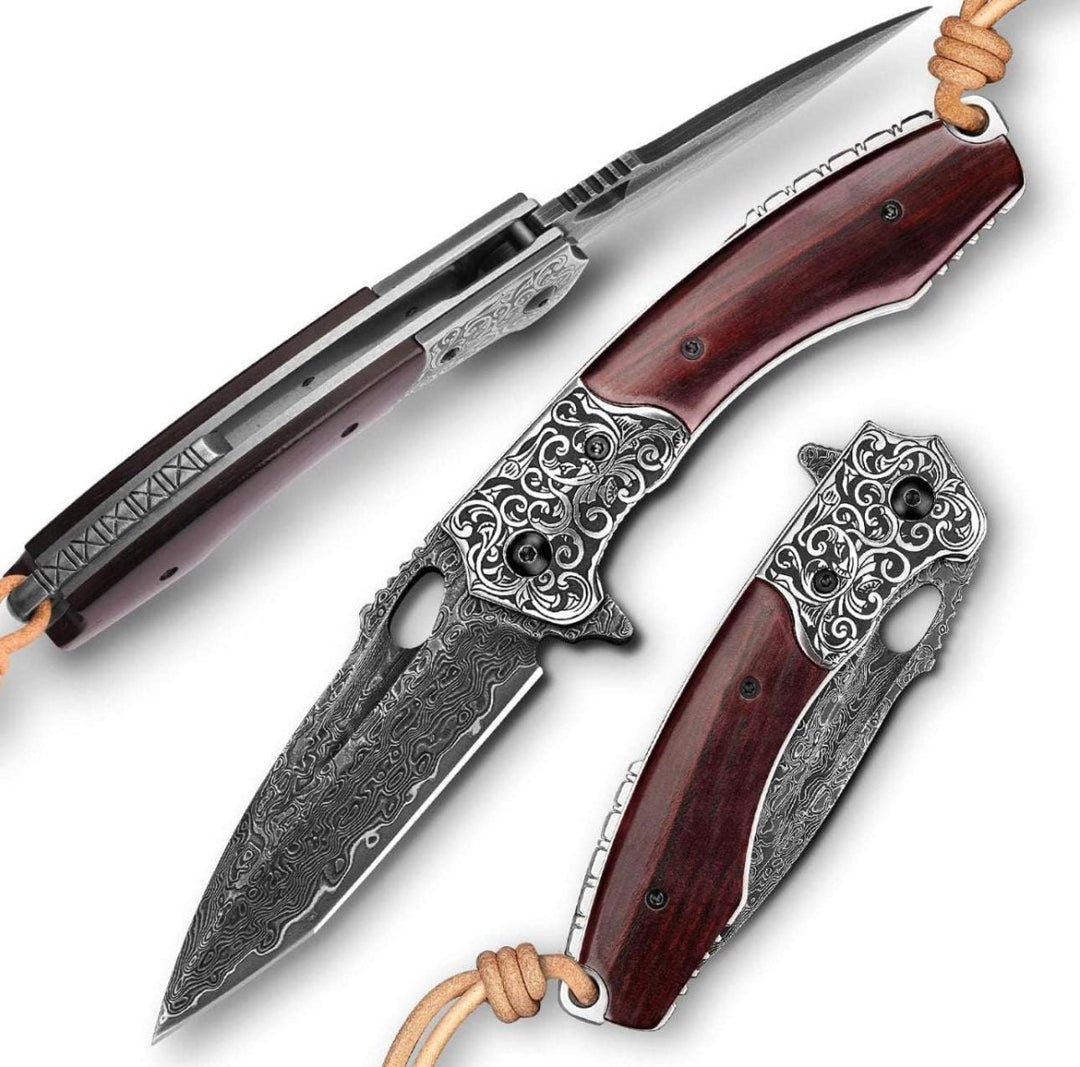 Starchaser Japanese Damascus Pocket Knife with Exotic Sandal Wood Handle - Shokunin USA