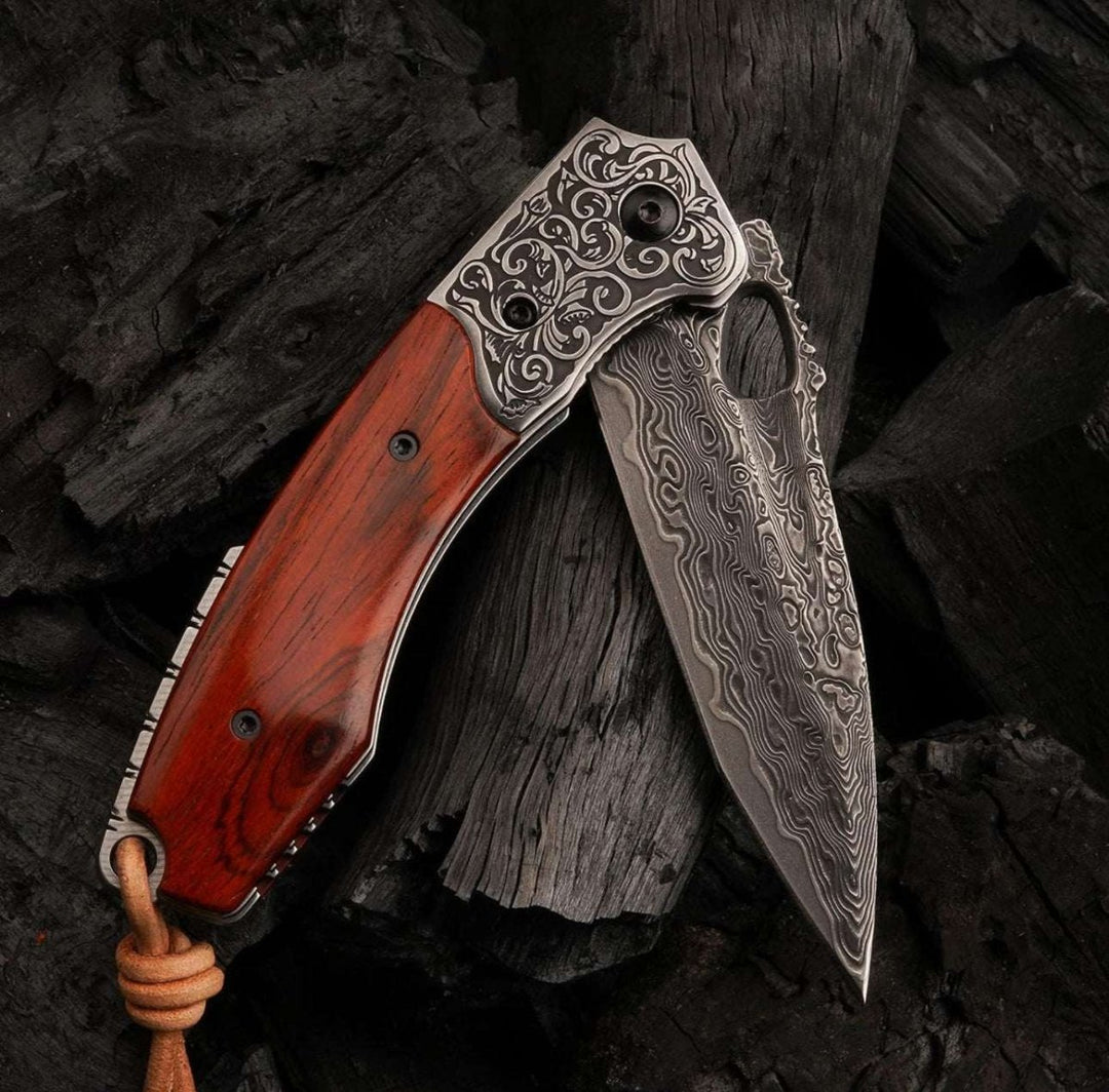 engravable knives - Starchaser Japanese Damascus Pocket Knife with Exotic Sandal Wood Handle - Shokunin USA