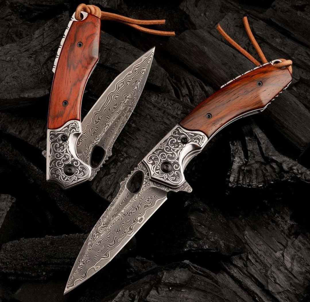 engraved utility knife - Starchaser Japanese Damascus Pocket Knife with Exotic Sandal Wood Handle - Shokunin USA