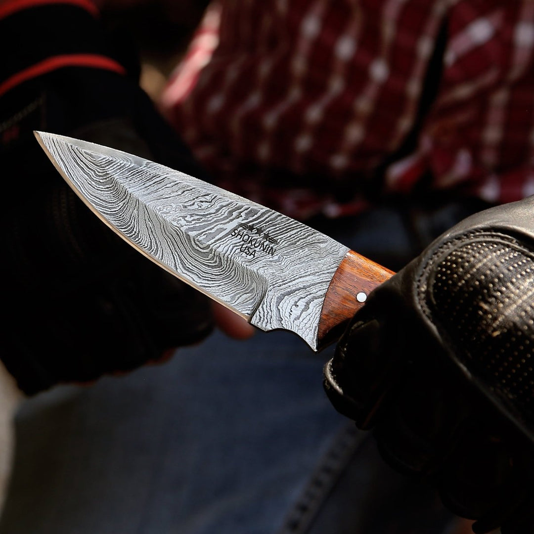 Starlight Knife Handle - Starlight Damascus Hunting Knife with Exotic Rosewood &amp; Ram Horn Handle - Shokunin USA