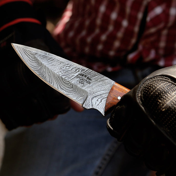 Starlight Knife Handle - Starlight Damascus Hunting Knife with Exotic Rosewood &amp; Ram Horn Handle - Shokunin USA