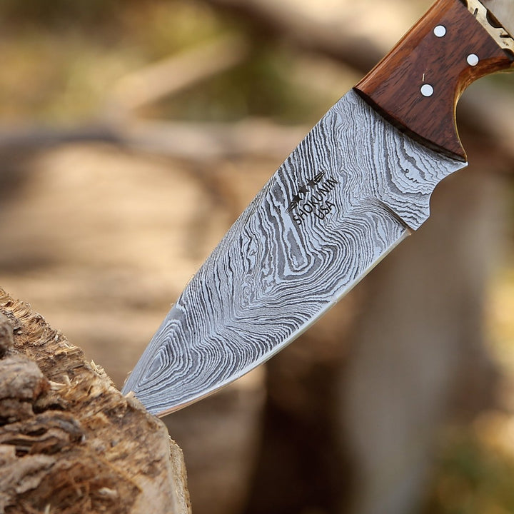 Starlight Damascus knives - Starlight Damascus Hunting Knife with Exotic Rosewood &amp; Ram Horn Handle - Shokunin USA