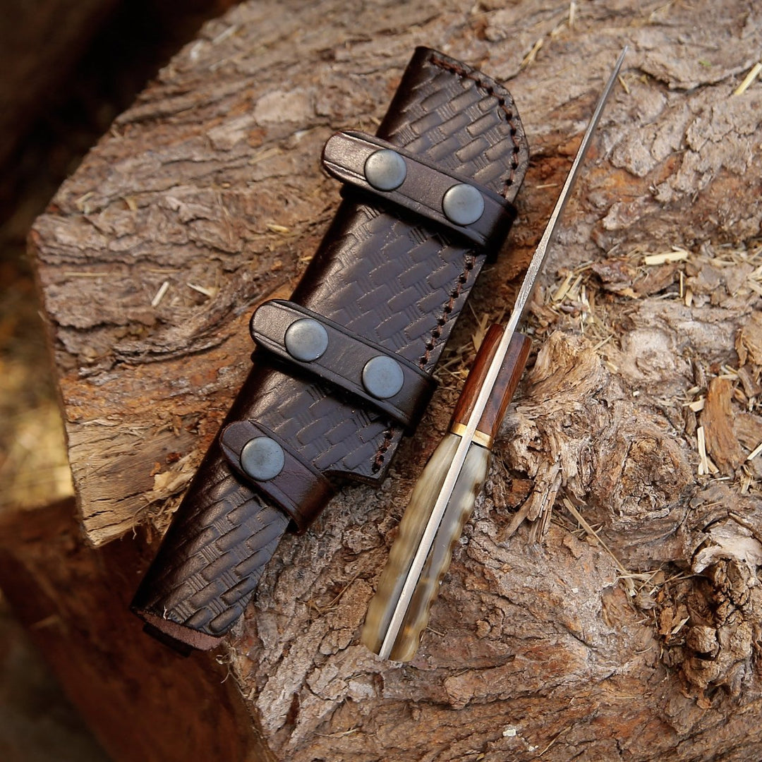 Starlight Hunting Handle - Starlight Damascus Hunting Knife with Exotic Rosewood &amp; Ram Horn Handle - Shokunin USA