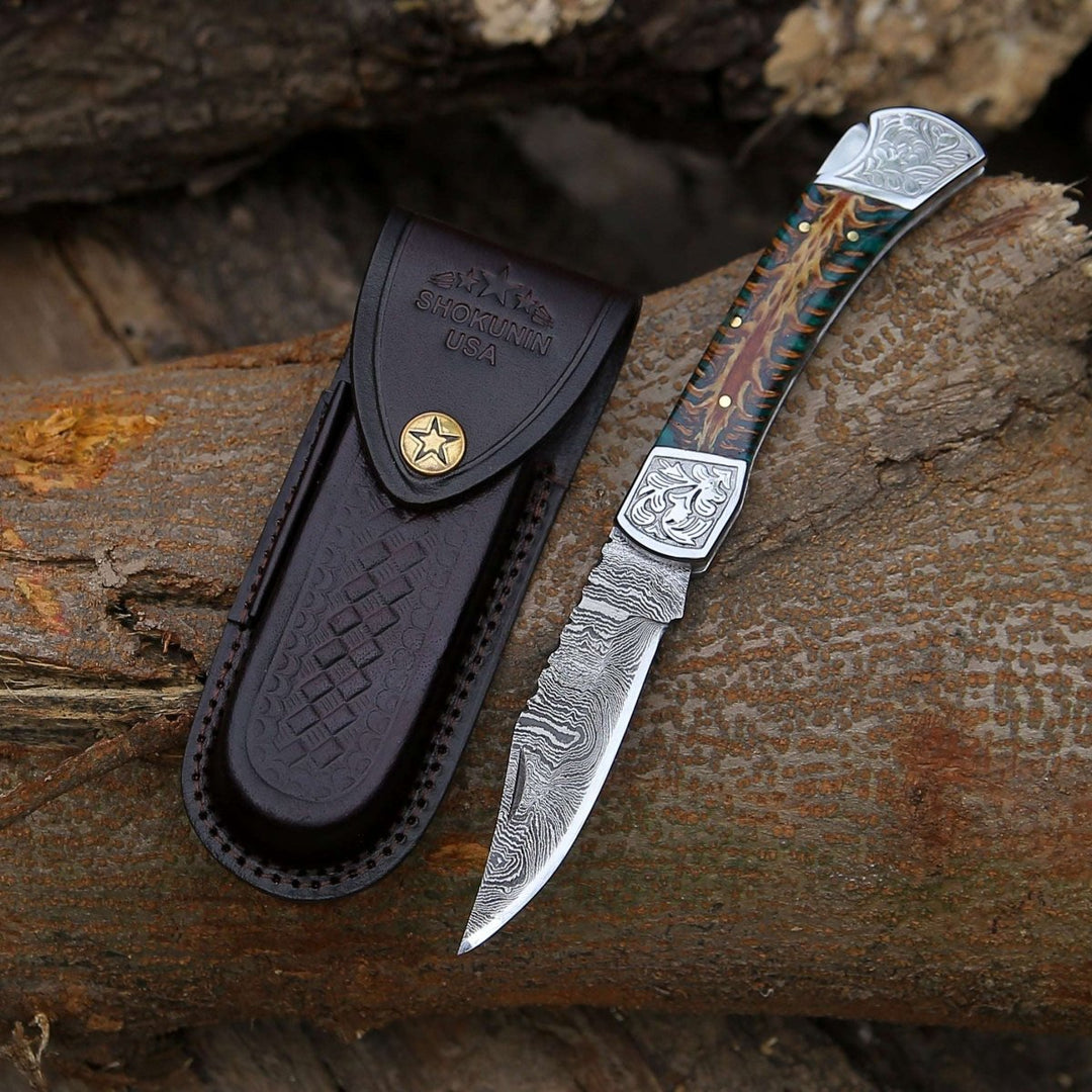 engraved folding knives - Striker Custom Folding Knife with Pine Cone Handle - Shokunin USA