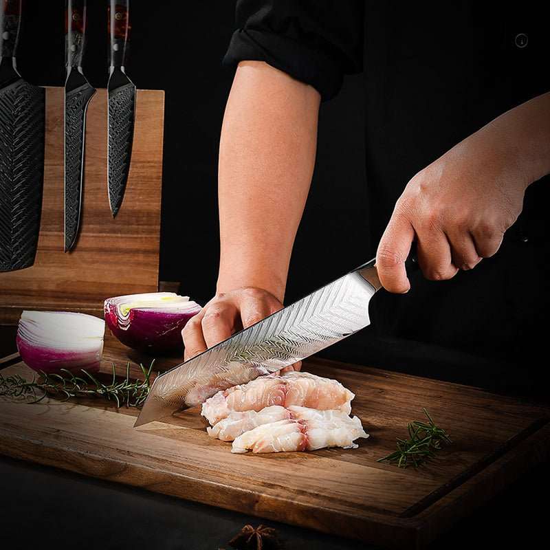 Supreme Japanese Handle - Supreme Japanese Knife Set - 5-Piece, VG10 Damascus with Ebony Burl Wood - Shokunin USA