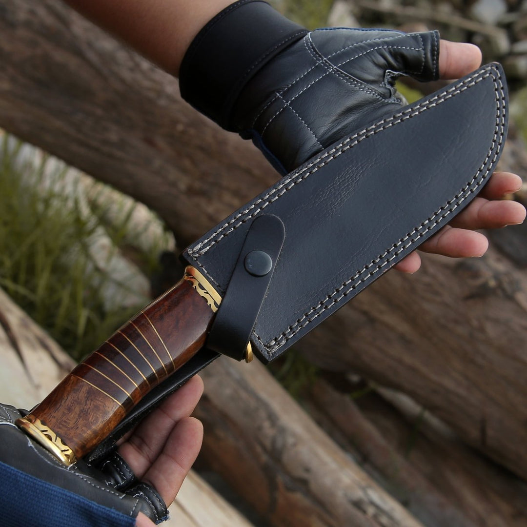 Surge Knife Handle - Surge Damascus Bowie Knife with Rosewood Mosaic Handle - Shokunin USA