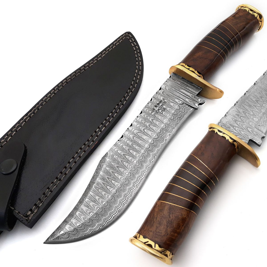 Surge Damascus Knife - Surge Damascus Bowie Knife with Rosewood Mosaic Handle - Shokunin USA