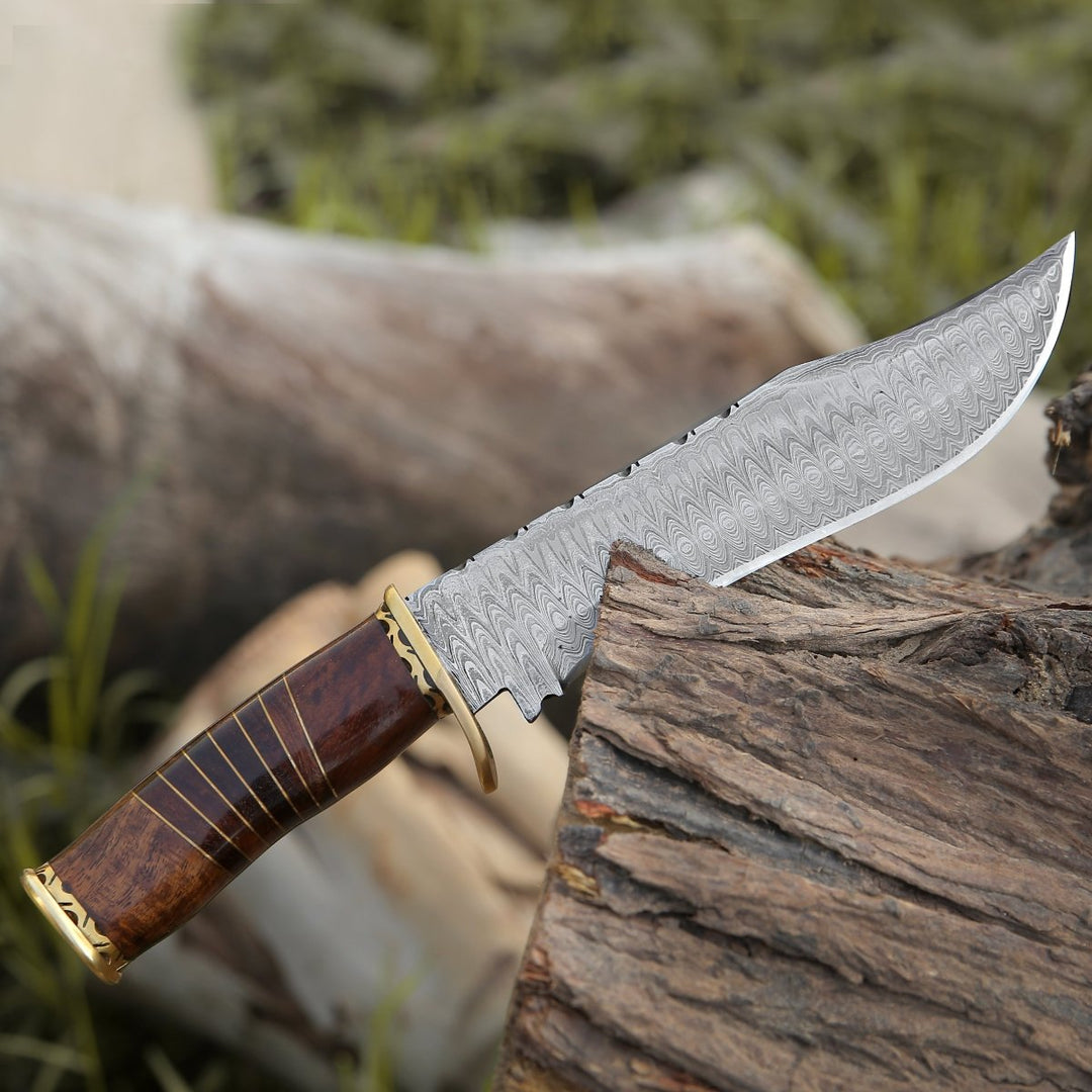 Surge Bowie Knife - Surge Damascus Bowie Knife with Rosewood Mosaic Handle - Shokunin USA