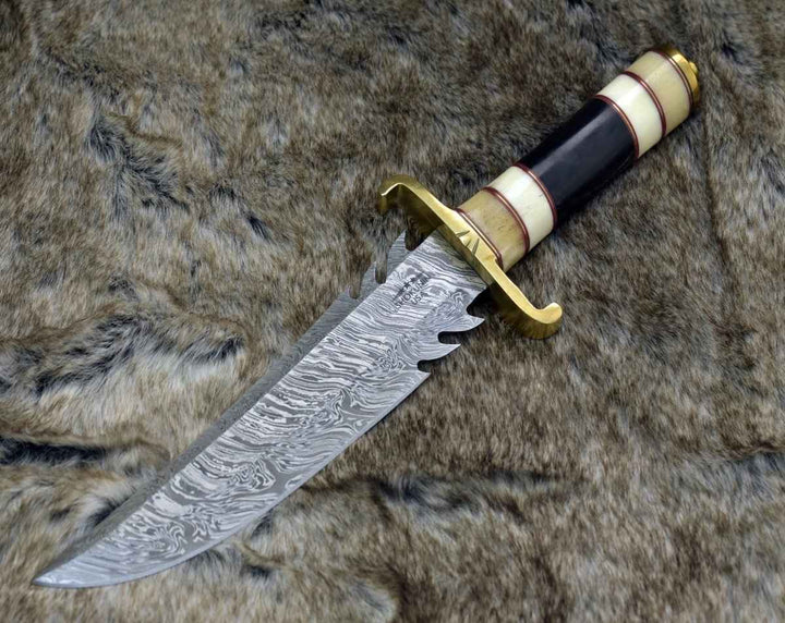 Ragnar Damascus Bowie - Damascus Bowie Knife with Bone &amp; Horn Handle - Shokunin USA