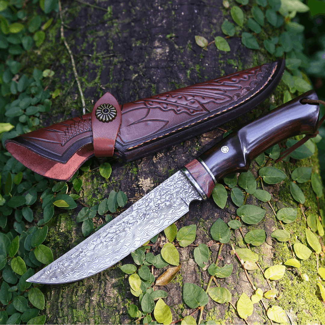 Terminator Japanese Hunting Knife with VG-10 Damascus Blade and Ebony Wood Handle - Shokunin USA