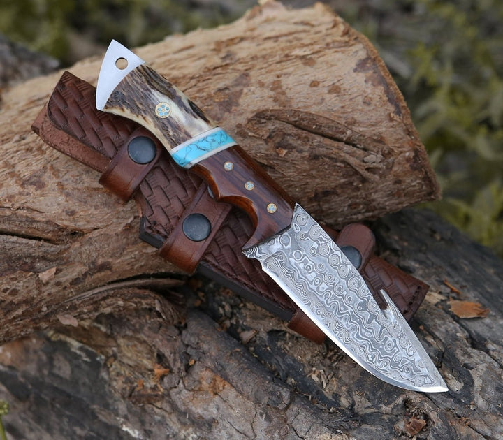 Thunder Gut Knife - Thunder Damascus Gut Hook Knife with Antler, Wenge Wood &amp; Turquoise Handle - Shokunin USA