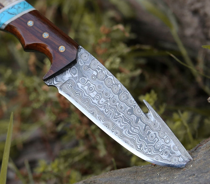 Thunder Gut knives - Thunder Damascus Gut Hook Knife with Antler, Wenge Wood &amp; Turquoise Handle - Shokunin USA