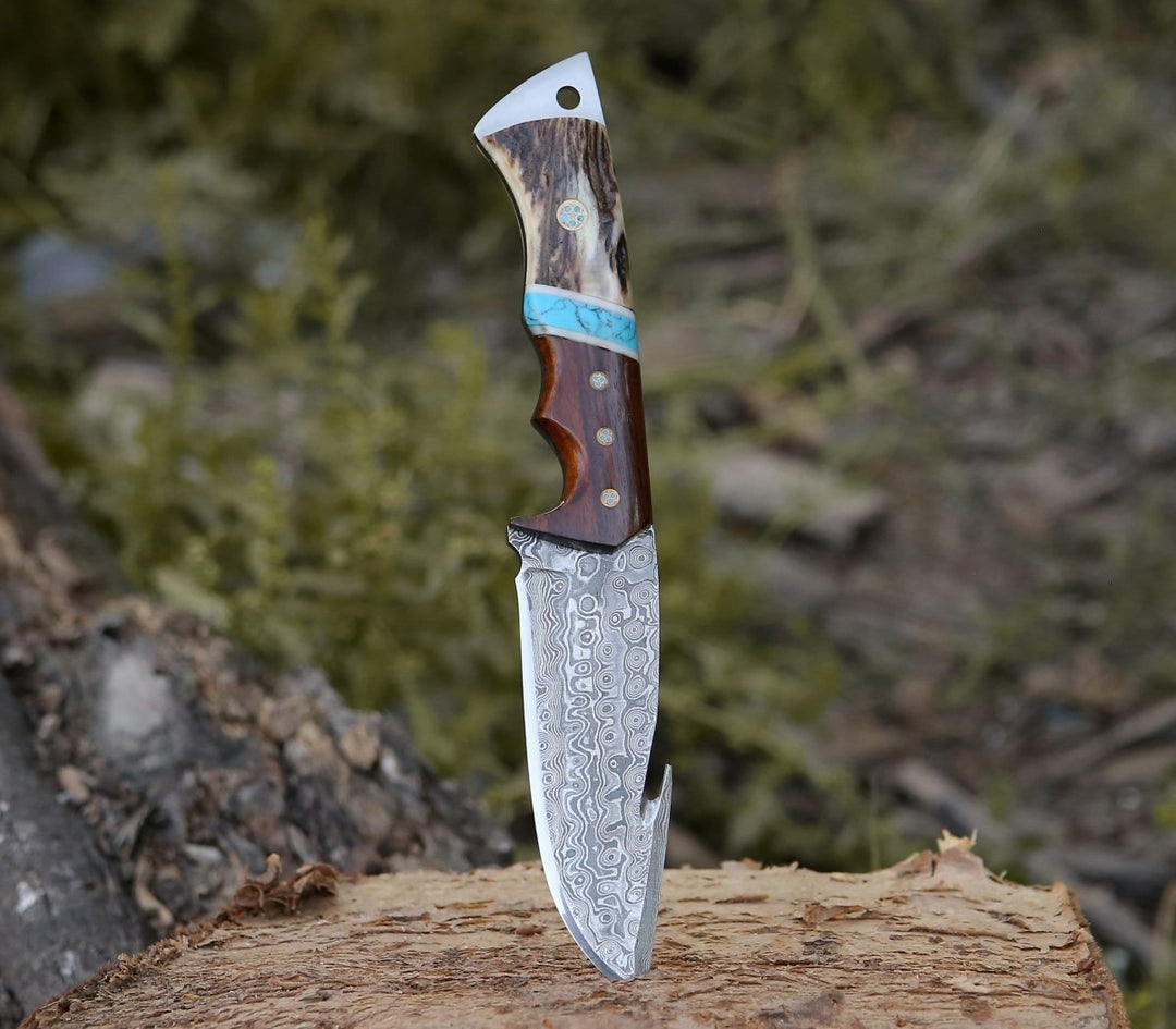 Thunder Damascus Handle - Thunder Damascus Gut Hook Knife with Antler, Wenge Wood &amp; Turquoise Handle - Shokunin USA