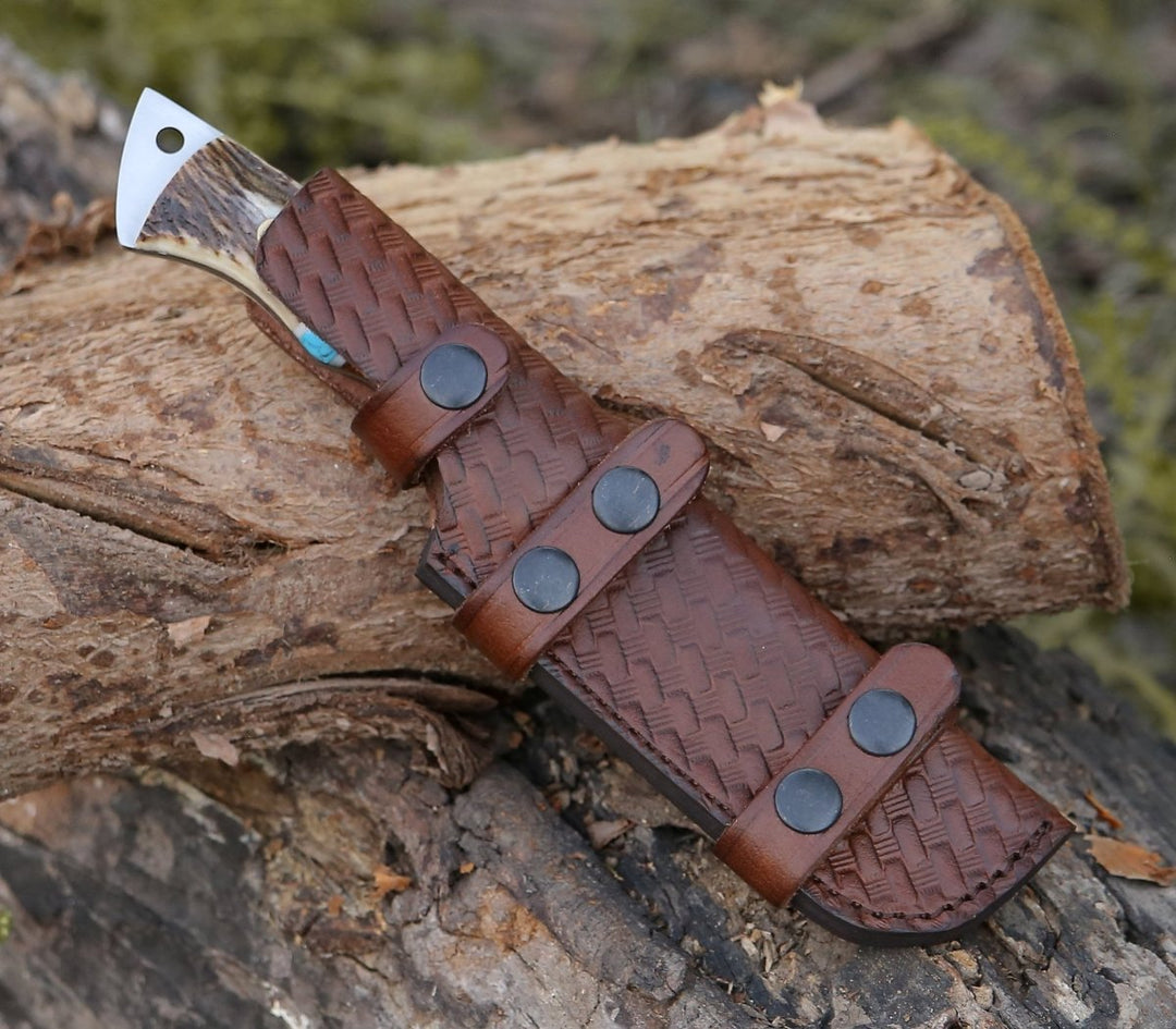 Thunder Hook Knife - Thunder Damascus Gut Hook Knife with Antler, Wenge Wood &amp; Turquoise Handle - Shokunin USA