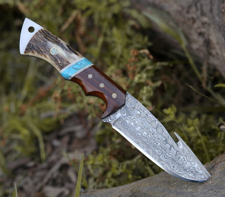 Thunder Gut Handle - Thunder Damascus Gut Hook Knife with Antler, Wenge Wood &amp; Turquoise Handle - Shokunin USA