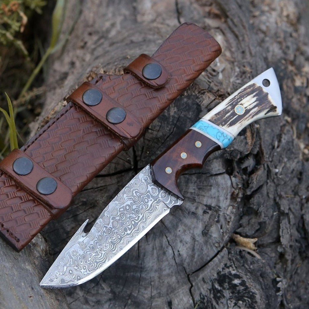 Thunder Damascus Gut Hook Knife with Antler, Wenge Wood & Turquoise Handle - Shokunin USA
