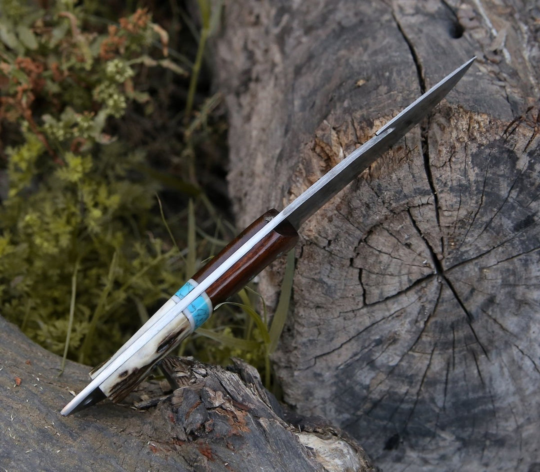 Thunder Damascus knives - Thunder Damascus Gut Hook Knife with Antler, Wenge Wood &amp; Turquoise Handle - Shokunin USA