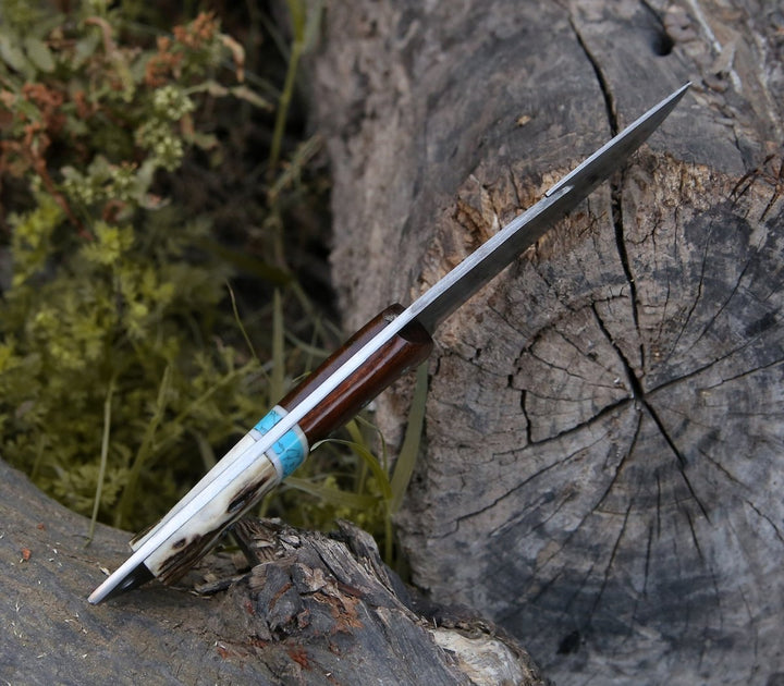 Thunder Damascus knives - Thunder Damascus Gut Hook Knife with Antler, Wenge Wood &amp; Turquoise Handle - Shokunin USA
