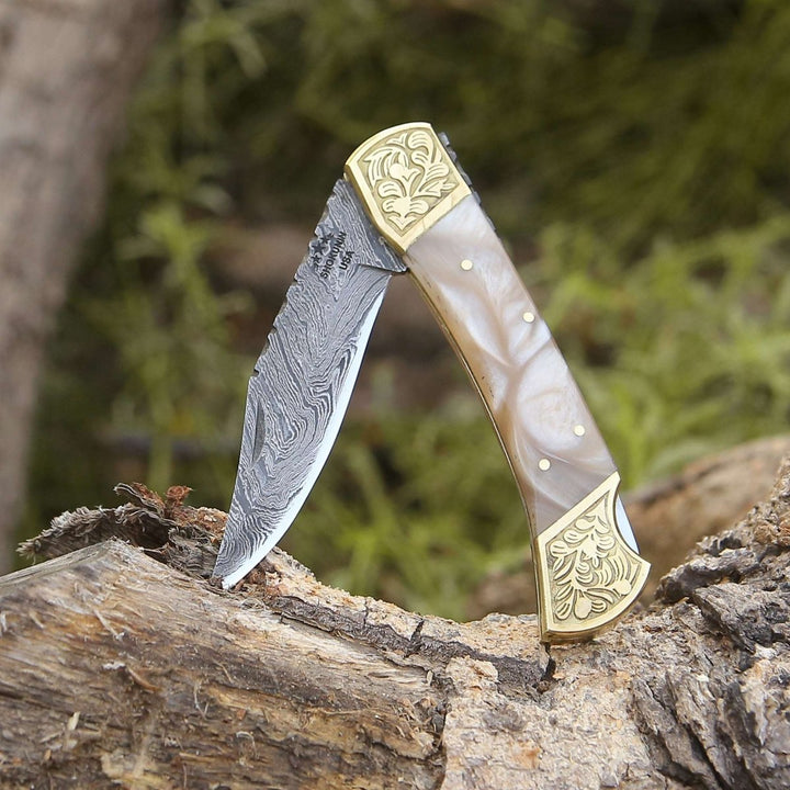 custom knife - Thunderblade Handmade Damascus Pocket Knife with Leather Sheath &amp; Mother of Pearl Resin - Shokunin USA