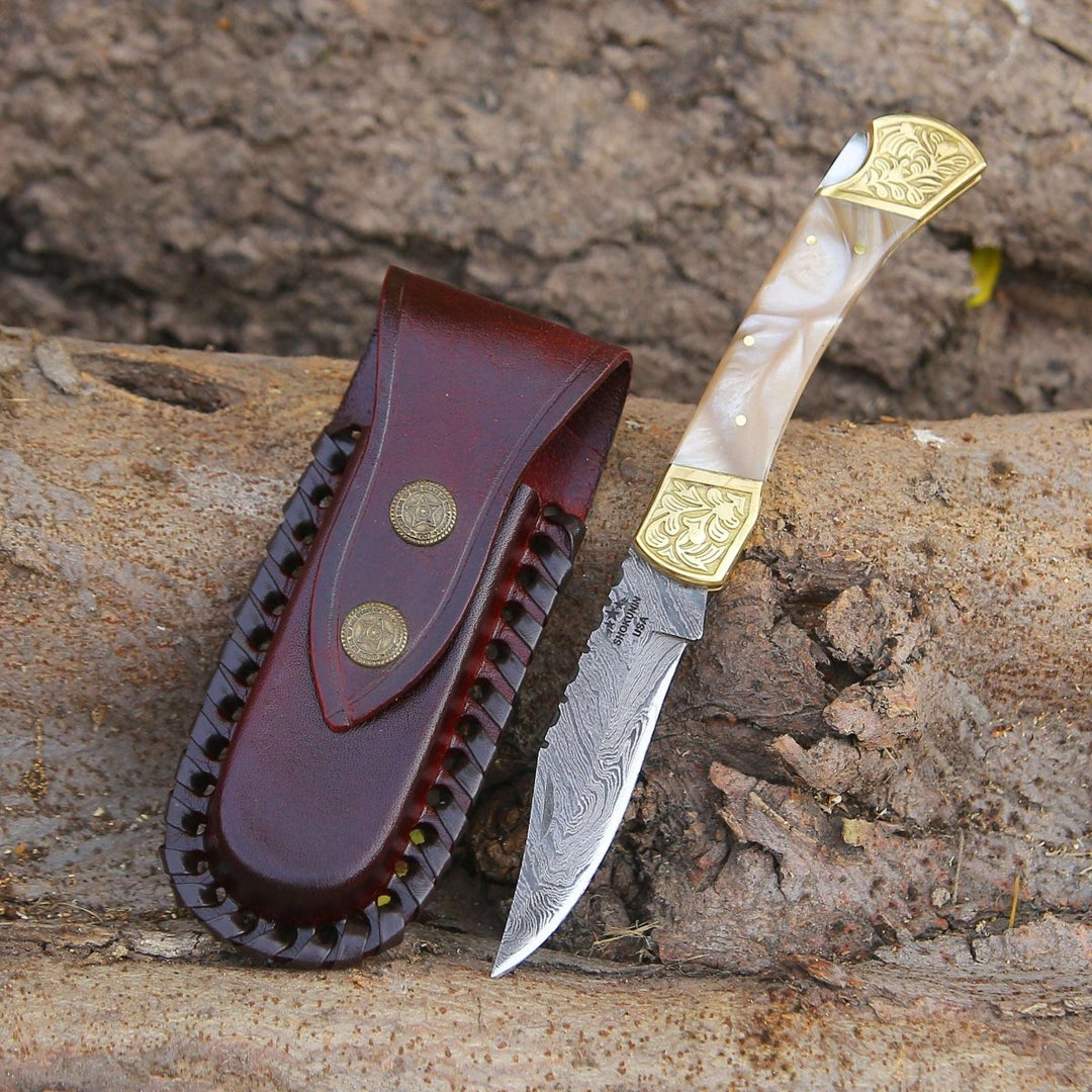 Thunderblade Handmade Damascus Pocket Knife with Leather Sheath & Mother of Pearl Resin - Shokunin USA