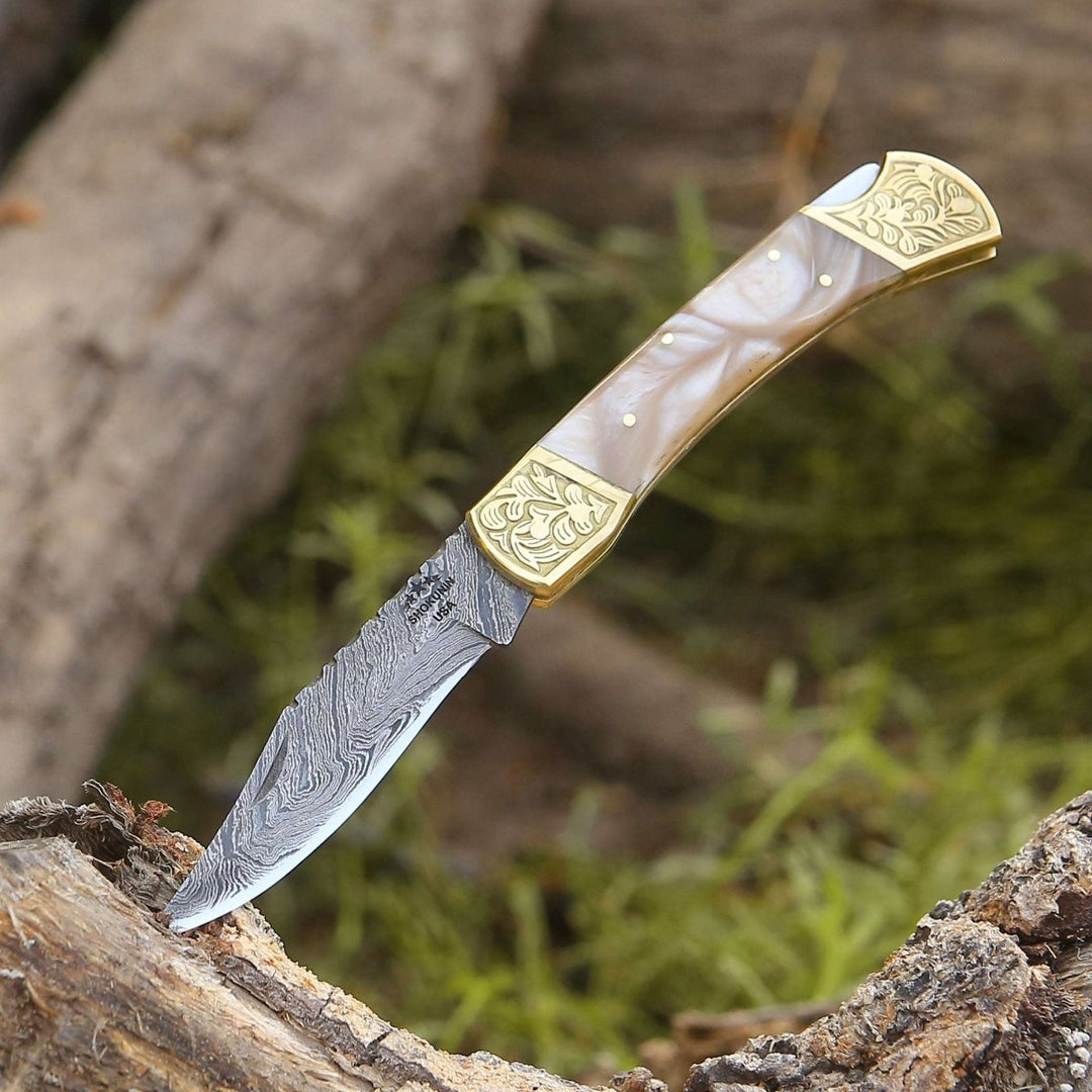 pocket pocket knife - Thunderblade Handmade Damascus Pocket Knife with Leather Sheath &amp; Mother of Pearl Resin - Shokunin USA