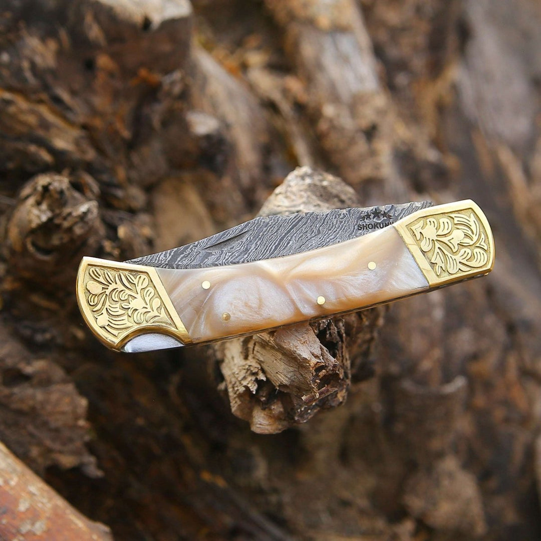 handmade damascus knife - Thunderblade Handmade Damascus Pocket Knife with Leather Sheath &amp; Mother of Pearl Resin - Shokunin USA