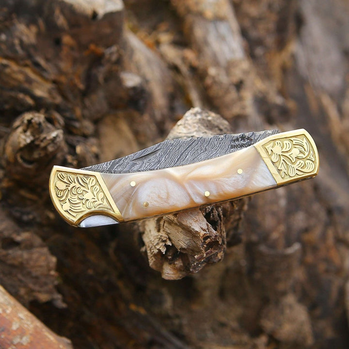 handmade damascus knife - Thunderblade Handmade Damascus Pocket Knife with Leather Sheath &amp; Mother of Pearl Resin - Shokunin USA