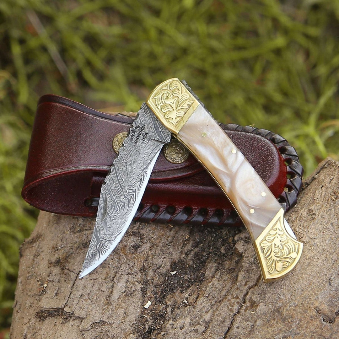 knife pearl - Thunderblade Handmade Damascus Pocket Knife with Leather Sheath &amp; Mother of Pearl Resin - Shokunin USA