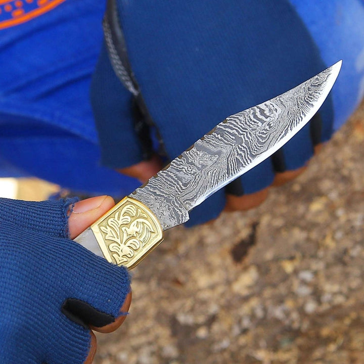custom damascus knives - Thunderblade Handmade Damascus Pocket Knife with Leather Sheath &amp; Mother of - Shokunin USA