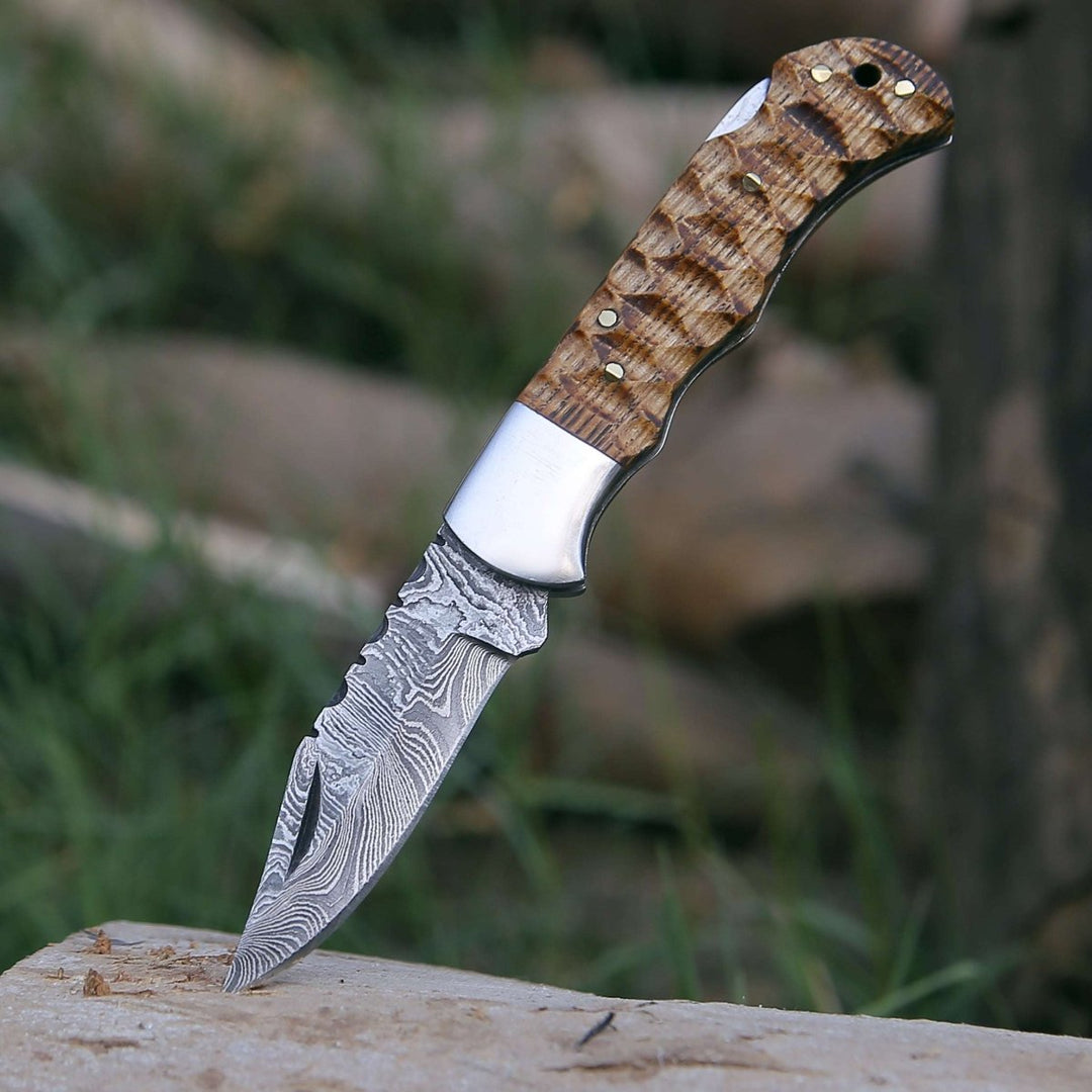 Thunderbolt Forged Damascus - Thunderbolt Pocket Knife with Forged Charred Ash Wood Handle - Shokunin USA