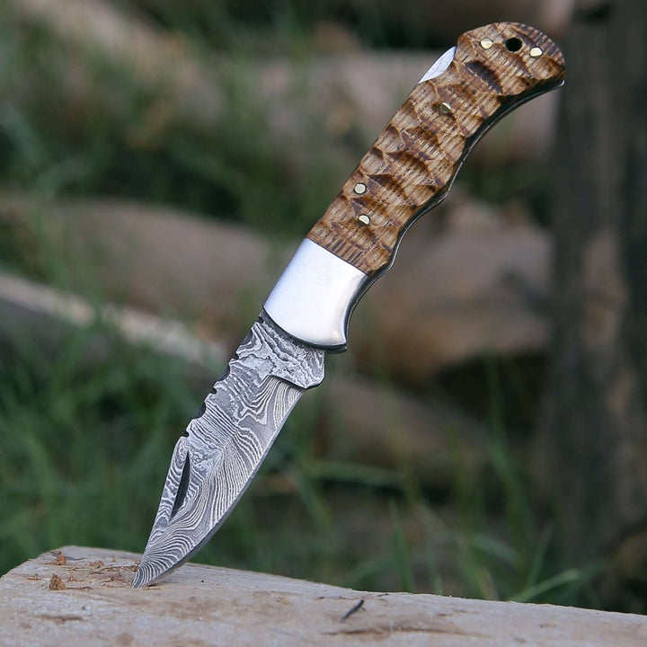 Thunderbolt Forged Damascus - Thunderbolt Pocket Knife with Forged Charred Ash Wood Handle - Shokunin USA