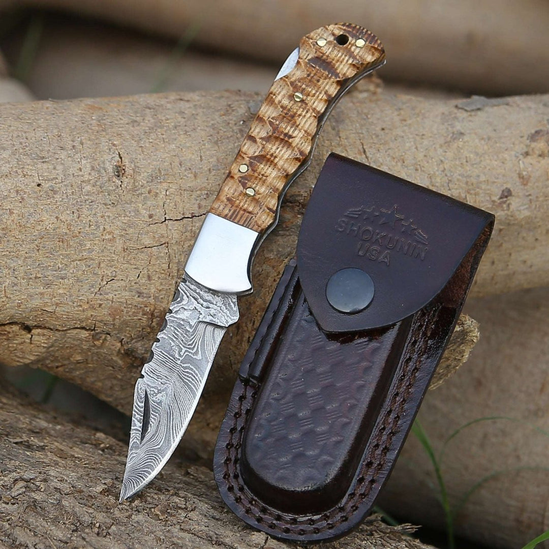 Thunderbolt Pocket Knife with Forged Charred Ash Wood Handle - Shokunin USA