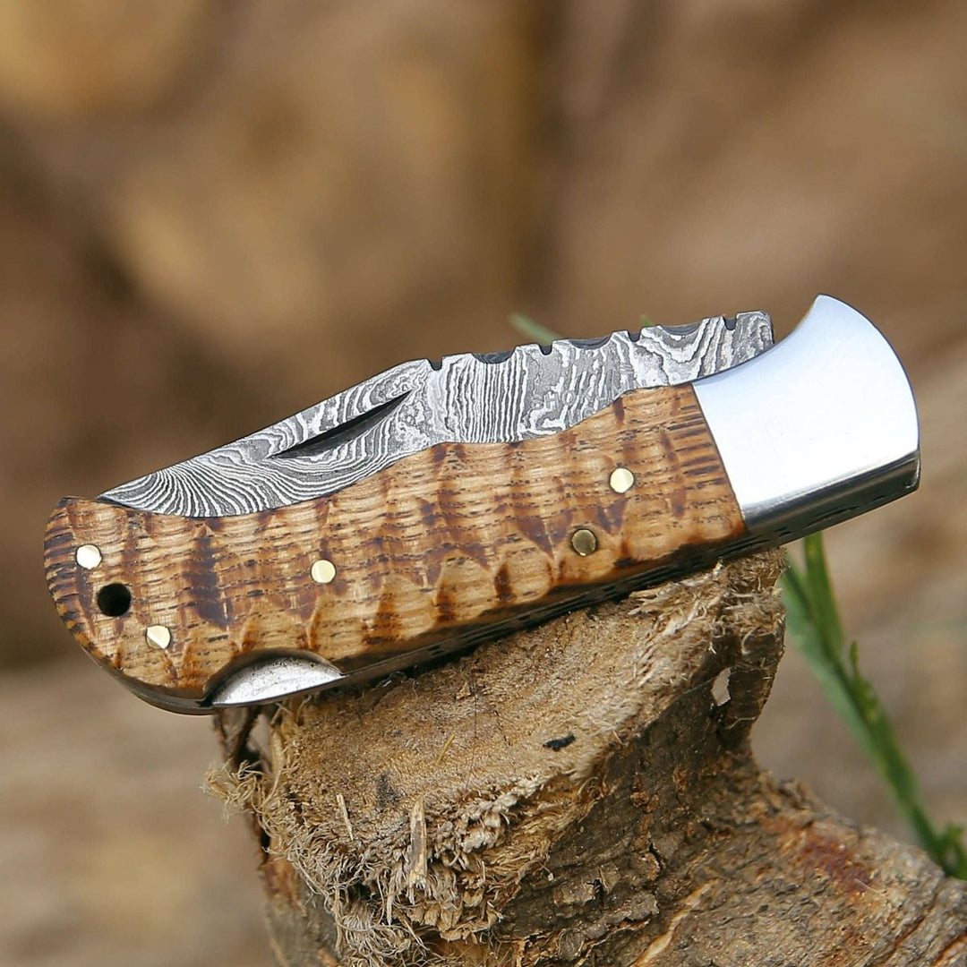 Thunderbolt Knife Damascus - Thunderbolt Pocket Knife with Forged Charred Ash Wood Handle - Shokunin USA