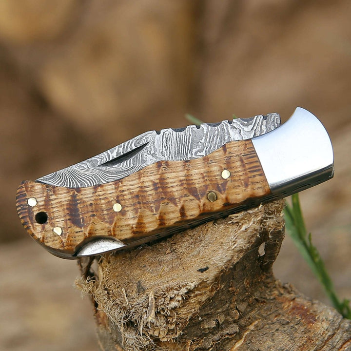 Thunderbolt Knife Damascus - Thunderbolt Pocket Knife with Forged Charred Ash Wood Handle - Shokunin USA